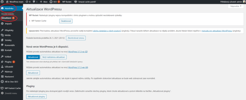 Aktualizace WordPressu v administraci