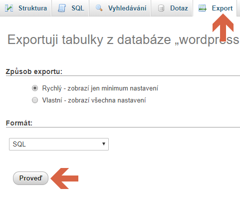 Ruční záloha databáze WordPressu